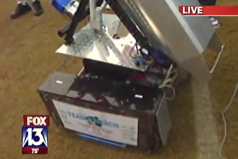 Team 79 Krunch's t-shirt cannon robot featured live on FOX 13 news