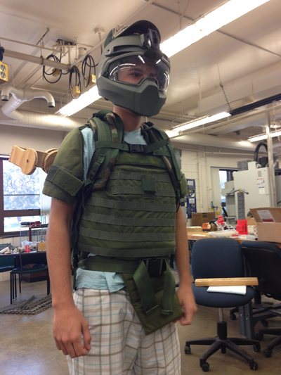 A Team 79 Krunch student wearing a prototype TALOS operator suit built for U.S. Special Operations Command